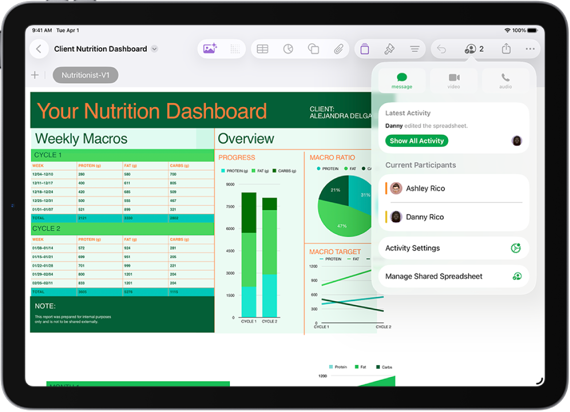The collaboration menu showing the names of people collaborating on the spreadsheet.