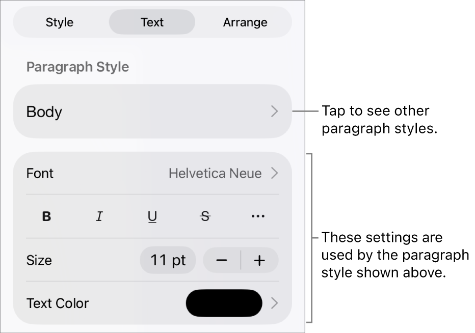 The Format menu showing text controls for setting paragraph and character styles, font, size, and color.