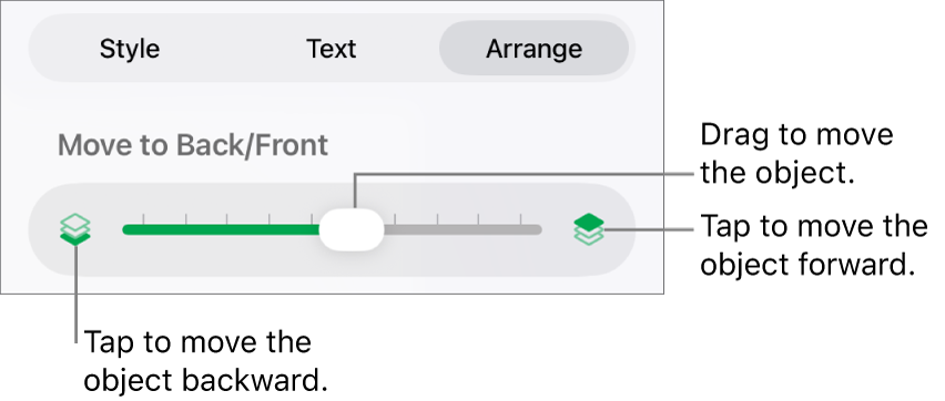 The Move Backward button, the Move Forward button, and the layering slider.