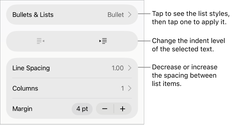 The Bullets & Lists section of the Format controls with callouts to Bullets & Lists, outdent and indent buttons, and line spacing controls.
