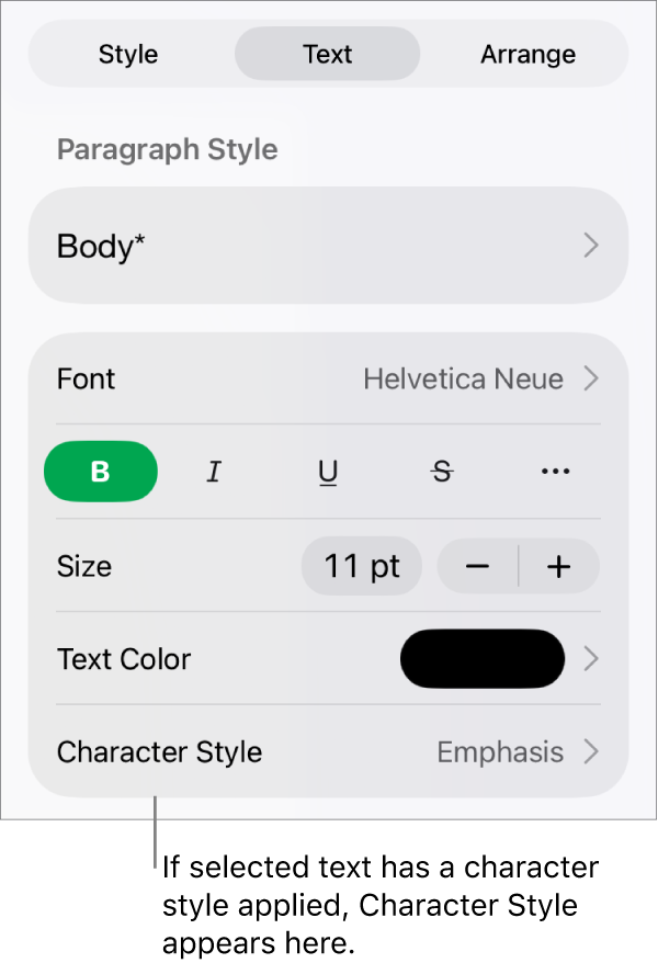 The Text formatting controls with Character Style below the Color controls. The character style None appears with an asterisk.