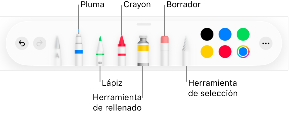 La barra de herramientas de dibujo con bolígrafo, lápiz, crayón, herramienta de rellenado, goma de borrar, herramienta de selección y la paleta de colores mostrando el color actual. El botón del menú Más está en el extremo derecho.