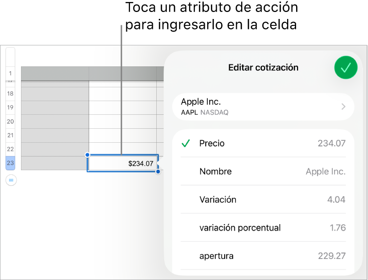 El menú desplegable de cotización de acciones, con el nombre de la acción en la parte de arriba y una lista de atributos de cotización seleccionables (precio, nombre, variación, variación porcentual y apertura) debajo.
