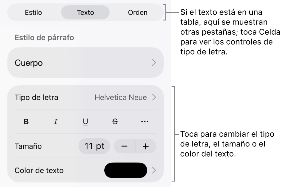 Controles de texto en el menú Formato para configurar los estilos de párrafo y carácter, tipo de letra, tamaño y color.