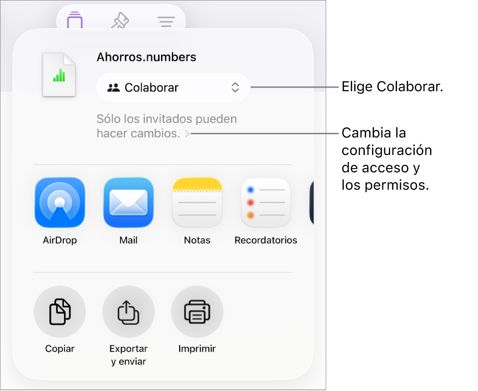 El menú Compartir con la opción Colaborar seleccionada en la parte superior, y la configuración de acceso y permisos debajo.