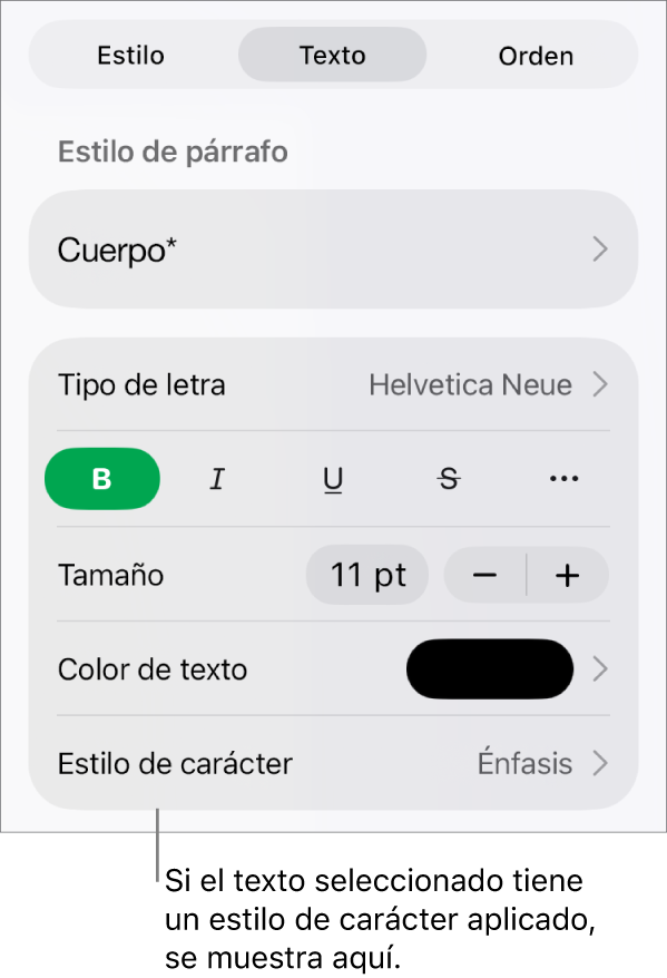 Los controles de formato de texto con Estilo de carácter debajo de los controles de color. El estilo de carácter Ninguno aparece con un asterisco.