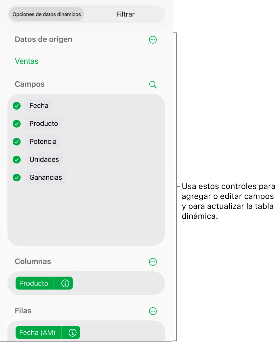 El menú Opciones de datos dinámicos mostrando los campos de las secciones Columnas, Filas y Valores, así como los controles para editar los campos.