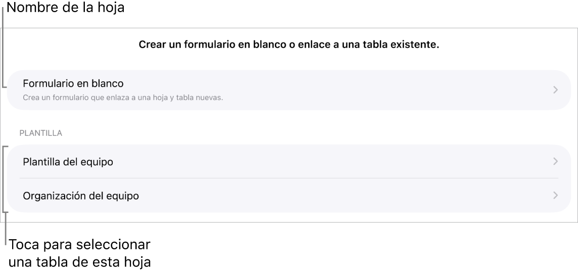 Una lista de tablas que están en la misma hoja de cálculo, con la opción de crear un formulario en blanco en la parte superior.