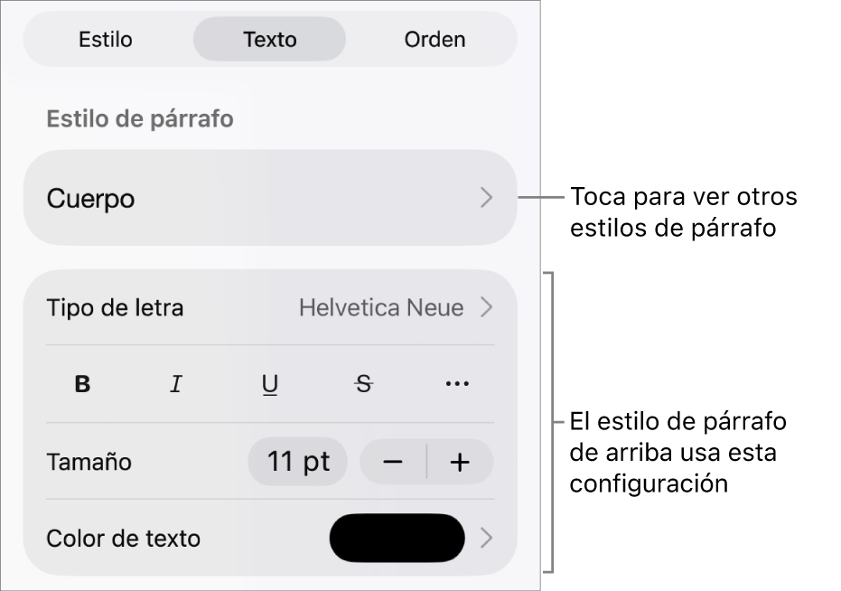 El menú Formato mostrando los controles de texto para configurar los estilos de párrafo y carácter, tipo de letra, tamaño y color.
