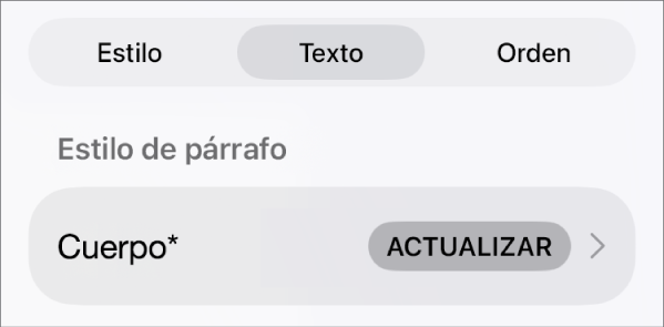 Un estilo de párrafo con un asterisco junto a él y un botón Actualizar a la derecha.