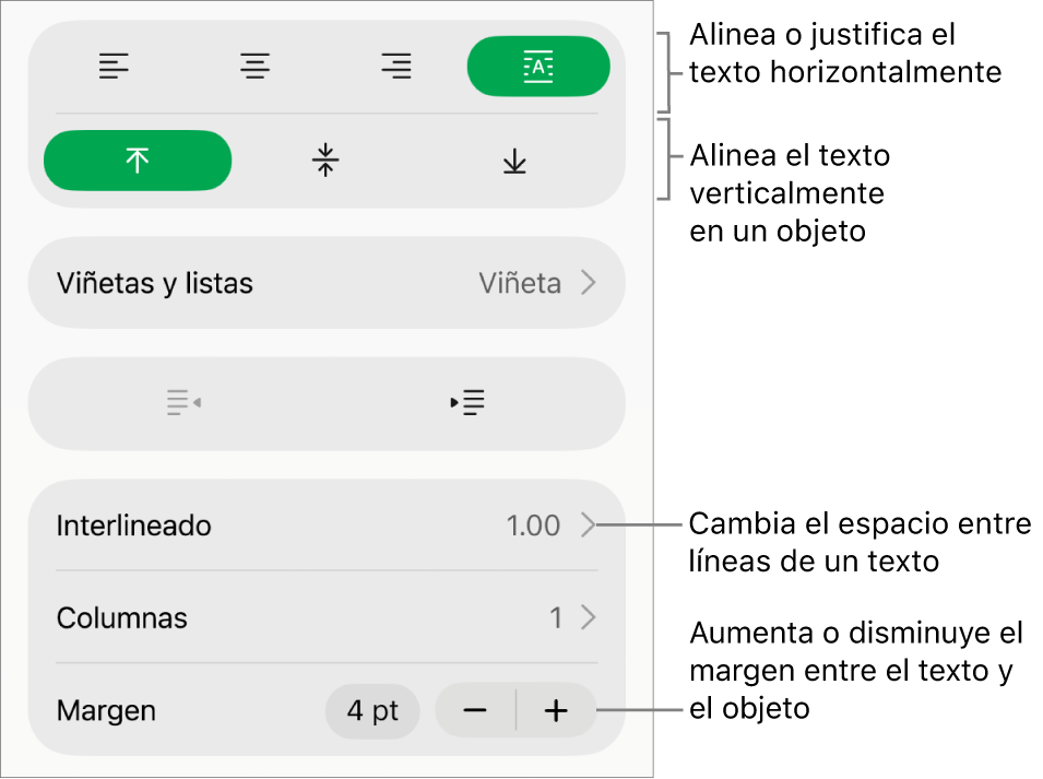 Sección Disposición del inspector de formato con llamadas a los botones de alineación de texto y espaciado.