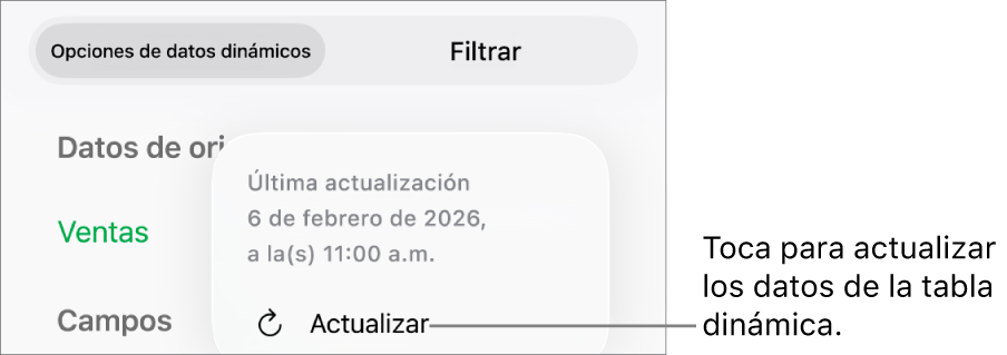 El menú Opciones de datos dinámicos mostrando la opción de actualizar la tabla dinámica.