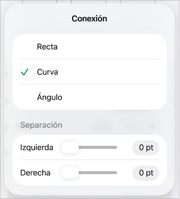 Los controles de Conexión con la opción Curva seleccionada.