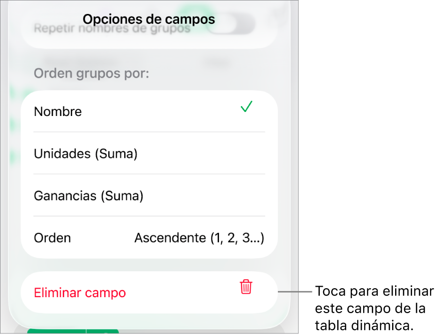 El menú Opciones de campos, mostrando los controles para agrupar y clasificar los datos, así como la opción para eliminar un campo.