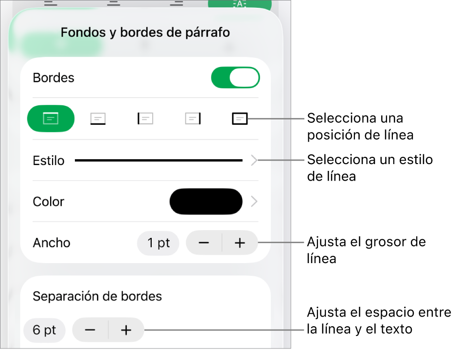 Controles para cambiar el estilo de línea, grosor, posición y color.