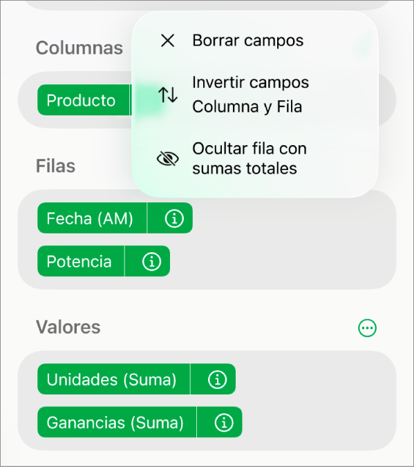 El menú Más opciones de campos, mostrando los controles para ocultar las sumas totales, invertir los campos columna y fila, y borrar los campos.