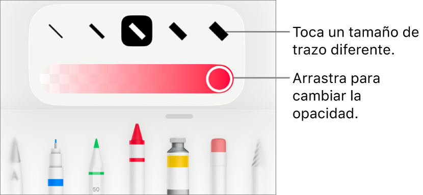 Controles para elegir el tamaño del trazo y selector para ajustar la opacidad.