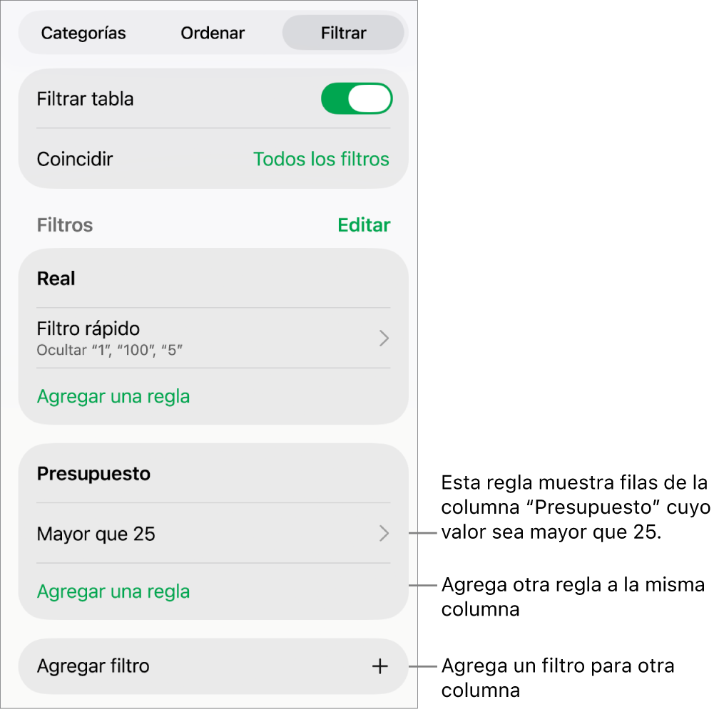Controles para agregar nuevas reglas de filtrado o para editar las existentes.
