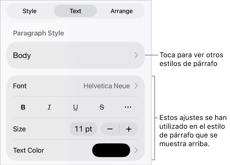 El menú Formato, que muestra controles de texto para configurar los estilos de párrafo y carácter, tipo de letra, tamaño y color.