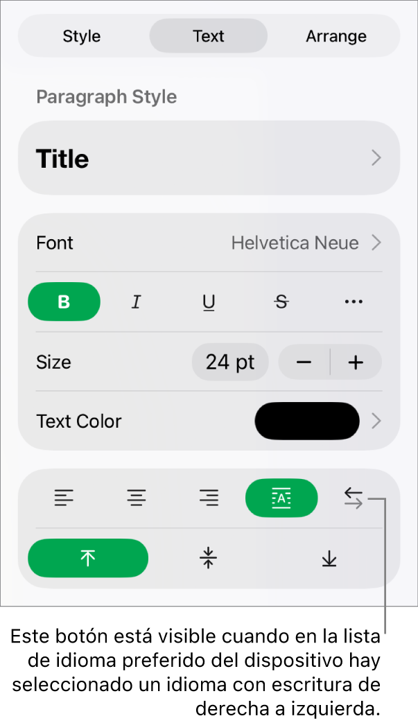 La sección Estilo del menú Formato con una llamada al botón “De derecha a izquierda”.