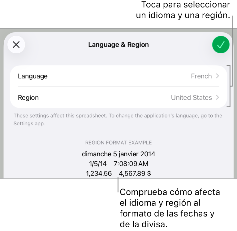 Panel “Idioma y región” con controles para el idioma y la región, y un ejemplo de formato que incluye la fecha, la hora, los decimales y la divisa.