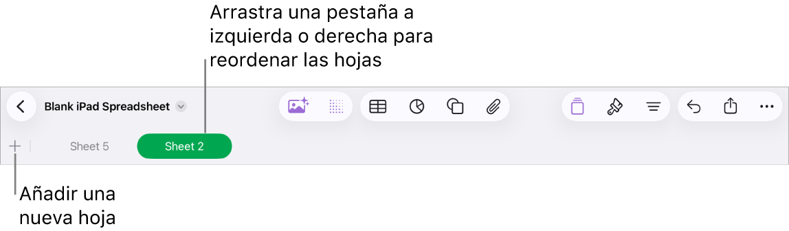 La barra de pestañas para añadir una nueva hoja, navegar, reordenar y reorganizar las hojas.