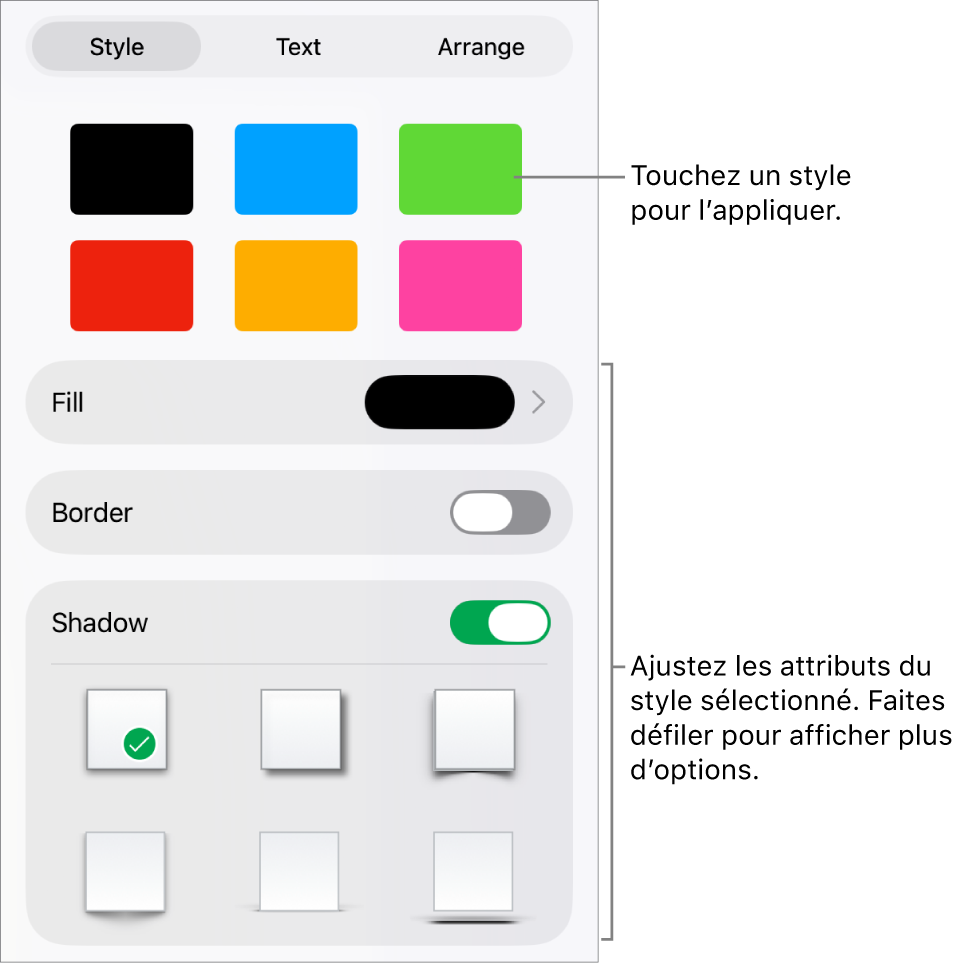 L’onglet Style du menu Format avec des styles de forme en haut et, en dessous, des commandes de modification de remplissage, de bordure et d’ombre.