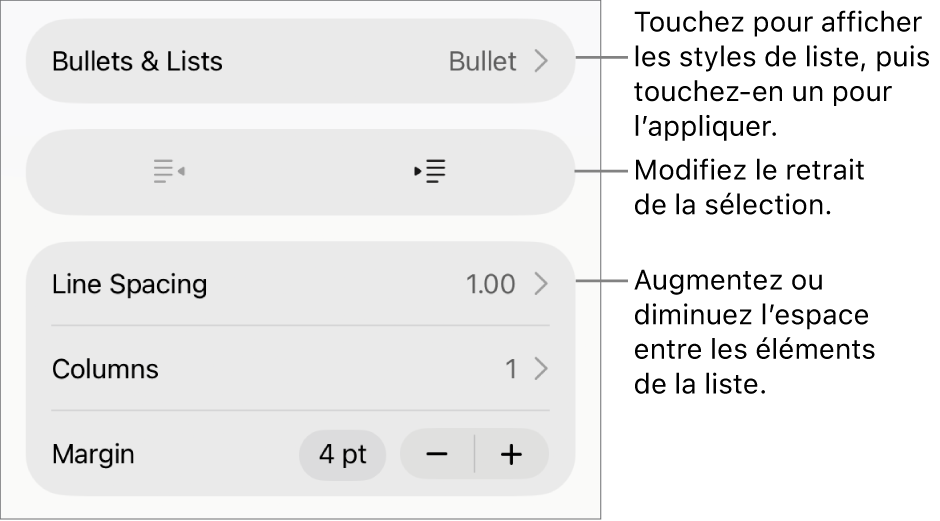 La section Puces et listes des commandes Format avec des légendes indiquant le menu Puces et listes, les boutons de retrait ou de suppression du retrait, et les commandes d’interligne.