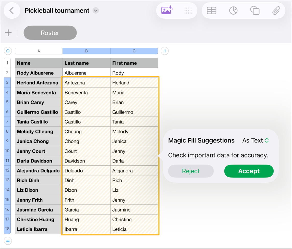 Une feuille de calcul qui contient des noms surlignés et un menu contextuel « Suggestions de remplissage magique » pour les accepter ou les rejeter.