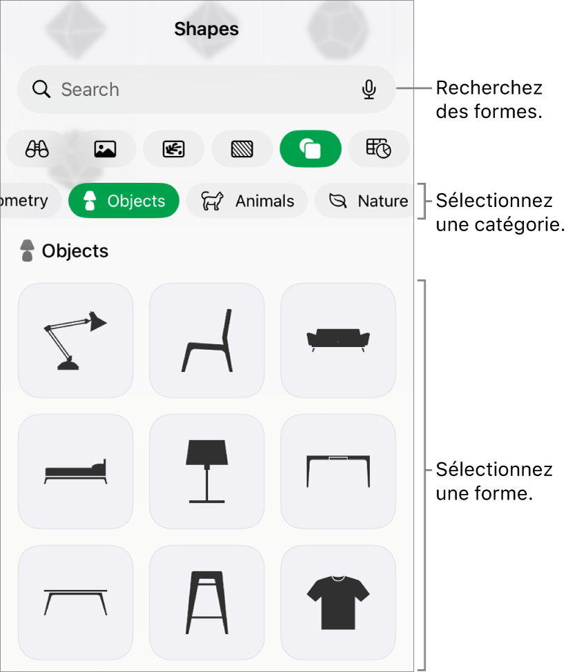 Bibliothèque de formes, les catégories étant affichées en haut et les formes, en bas. Utilisez le champ de recherche situé en haut pour rechercher des formes. Balayez également l’écran pour en trouver d’autres.