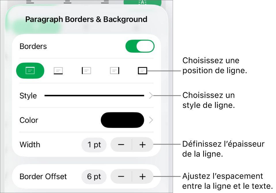 Commandes permettant de modifier le style, l’épaisseur, la position et la couleur de la ligne.