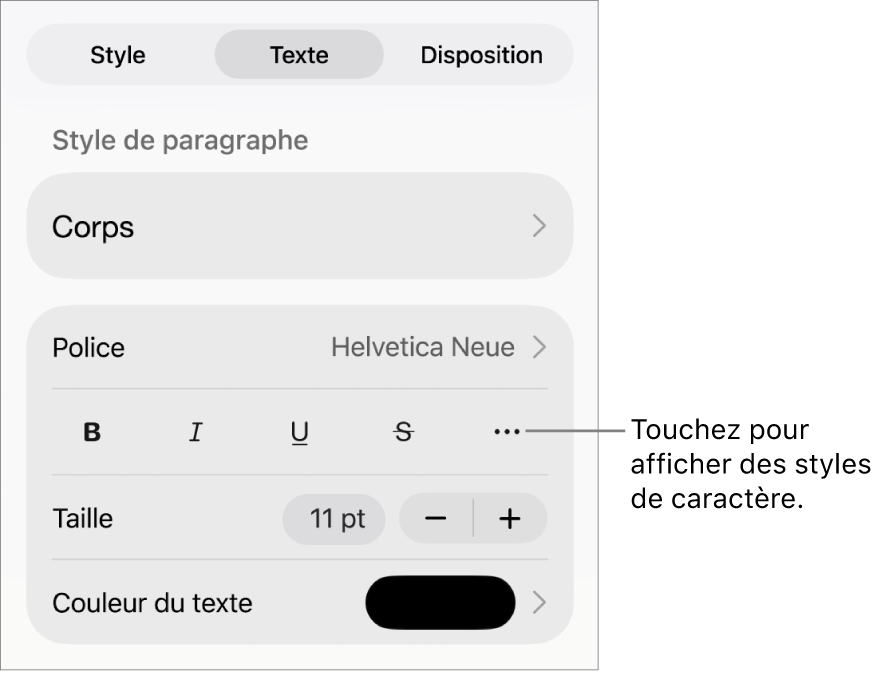 Les commandes de mise en forme avec les styles de paragraphe en haut, suivis des commandes de police. En dessous de Police se trouvent les boutons Gras, Italique, Souligné, Barré et « Plus d’options de texte ».