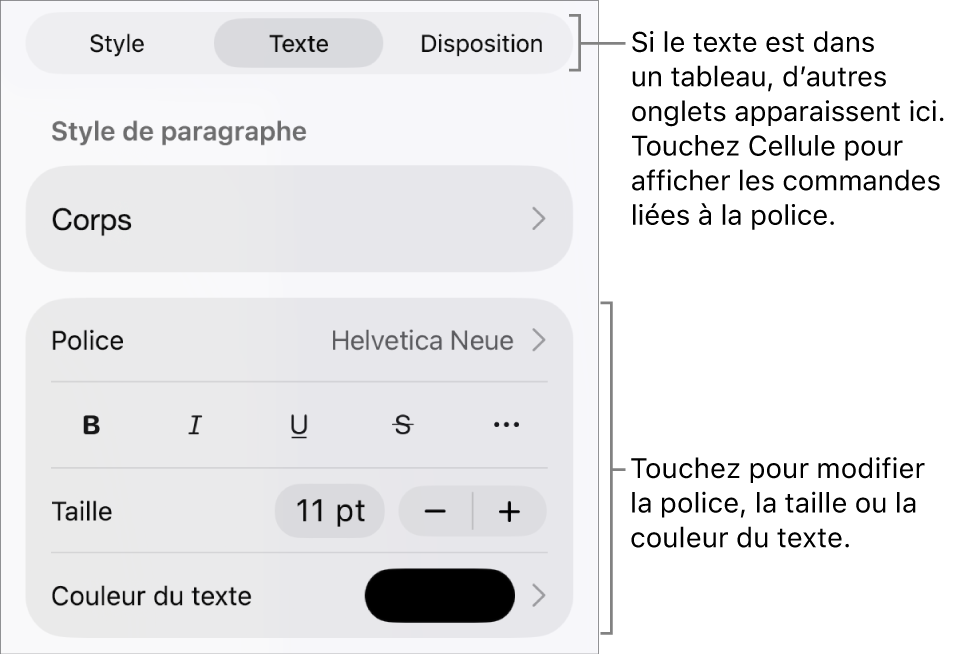 Commandes de texte du menu Format permettant de définir les styles, la police, la taille et la couleur des paragraphes et des caractères.