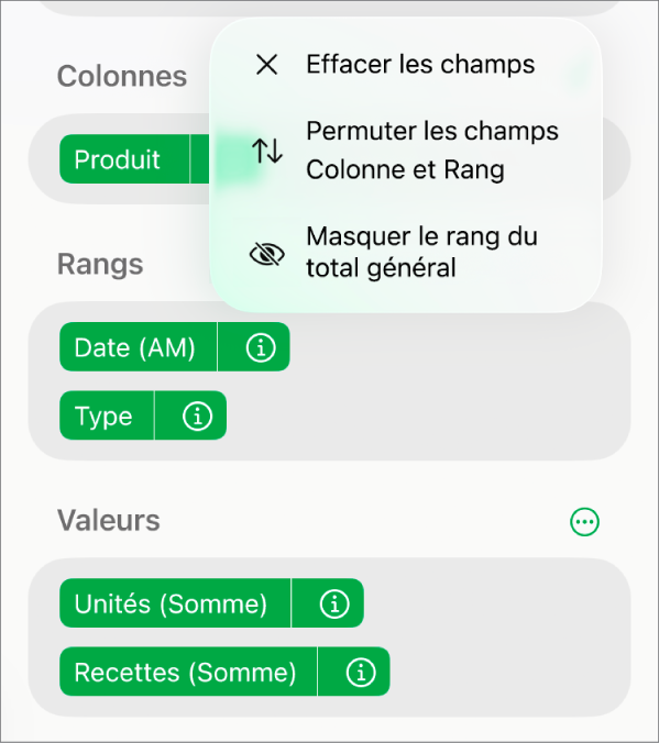 Le menu « Options du champ » affichant les commandes permettant de masquer les totaux généraux, de permuter les champs Colonne et Rang, et d’effacer des champs.