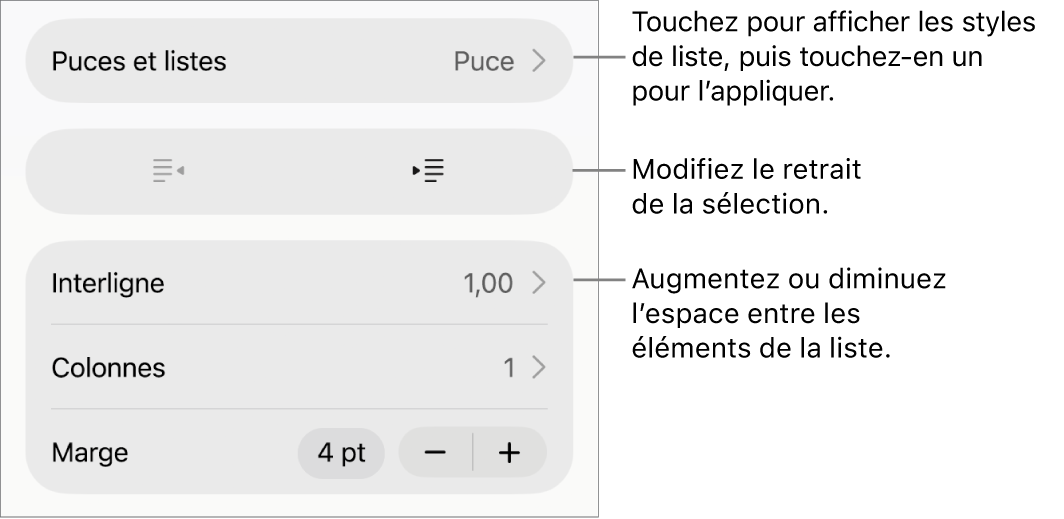 La section « Puces et listes » des commandes Format avec des légendes pour « Puces et listes », les boutons d’indentation et de suppression d’indentation et les commandes d’espacement entre les lignes.