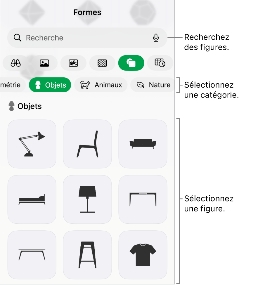 Bibliothèque de figures, les catégories étant affichées en haut et les figures, en bas. Utilisez le champ de recherche situé en haut pour rechercher des figures. Balayez également l’écran pour en trouver d’autres.