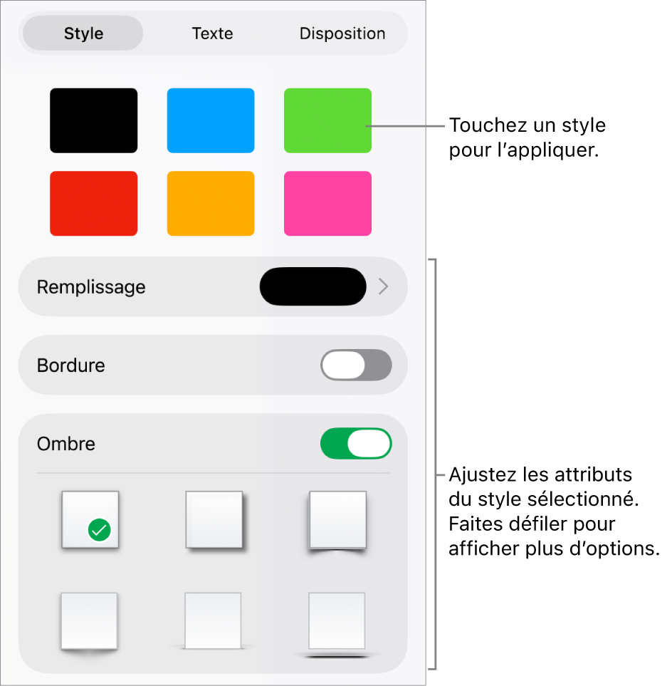 L’onglet Style du menu Format avec les styles de figure en haut et des commandes au-dessous pour modifier le remplissage, la bordure et l’ombre.