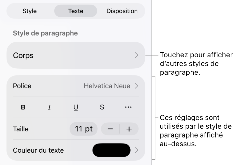 Menu Format montrant les commandes de texte permettant de définir les styles, la police, la taille et la couleur des paragraphes et des caractères.