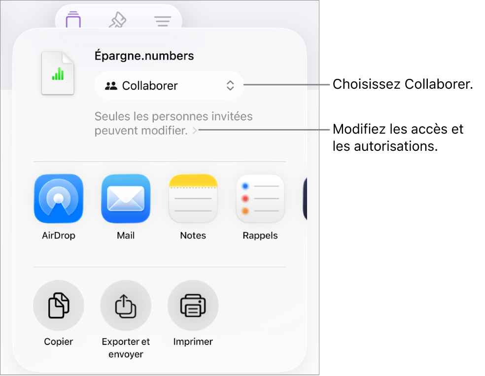 Le menu Partager avec l’option Collaborer sélectionnée en haut, et des réglages d’accès et d’autorisation en dessous.