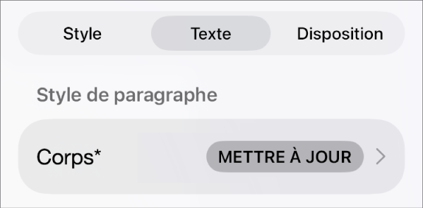 Style de paragraphe avec un astérisque à côté de celui-ci et un bouton Mettre à jour situé à droite.