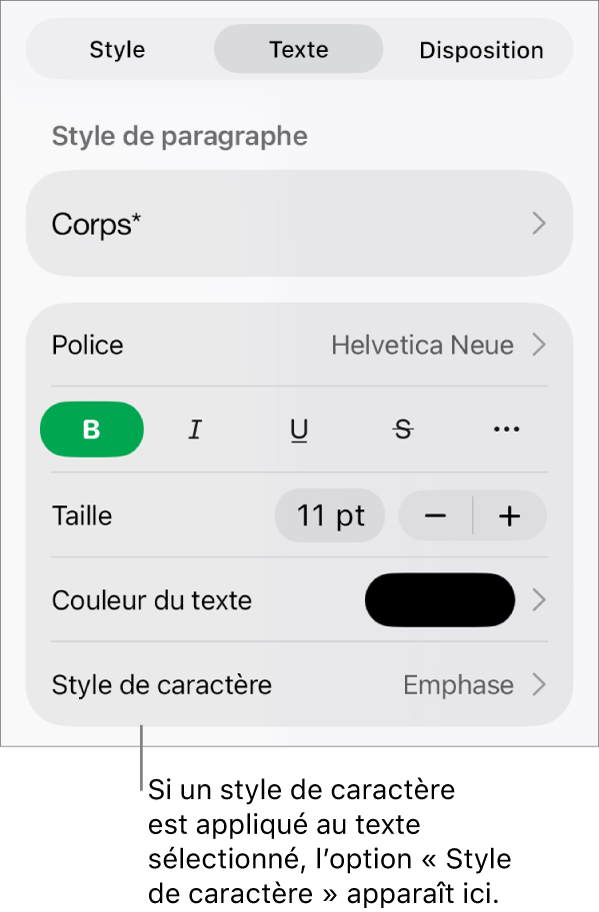 Commandes de mise en forme de texte avec Style de caractère au-dessous des commandes de couleur. Le style de caractère Aucun s’affiche avec un astérisque.