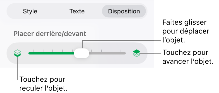 Le bouton de déplacement vers l’arrière, le bouton de déplacement vers l’avant et le curseur de superposition.