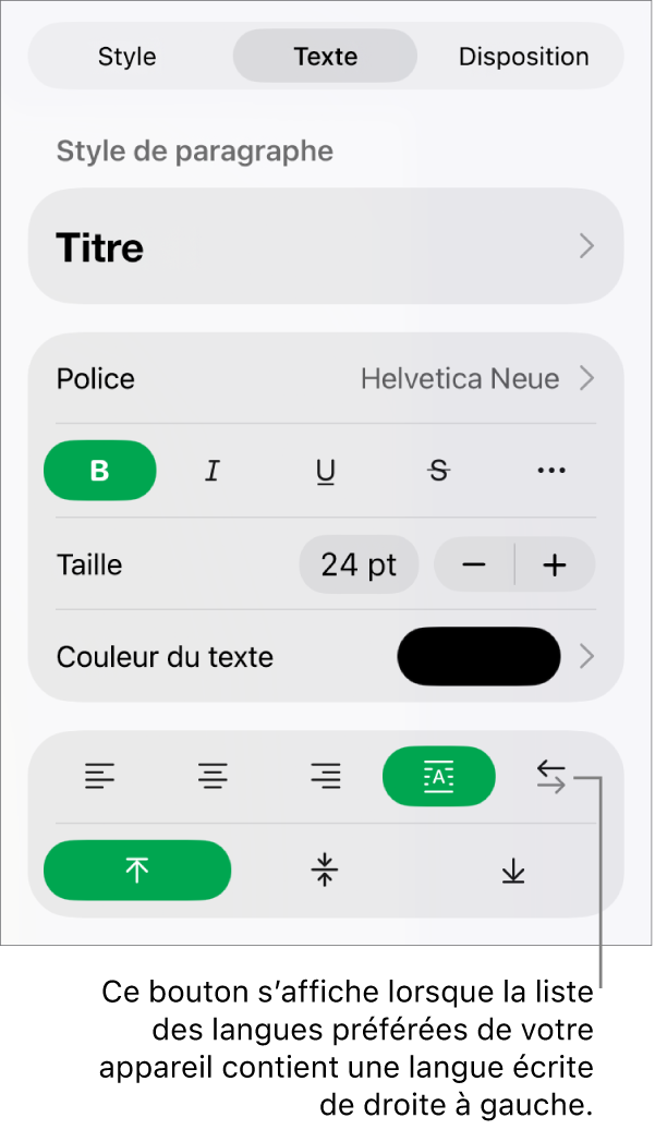 La section Style du menu Format avec une légende pour le bouton « De droite à gauche ».