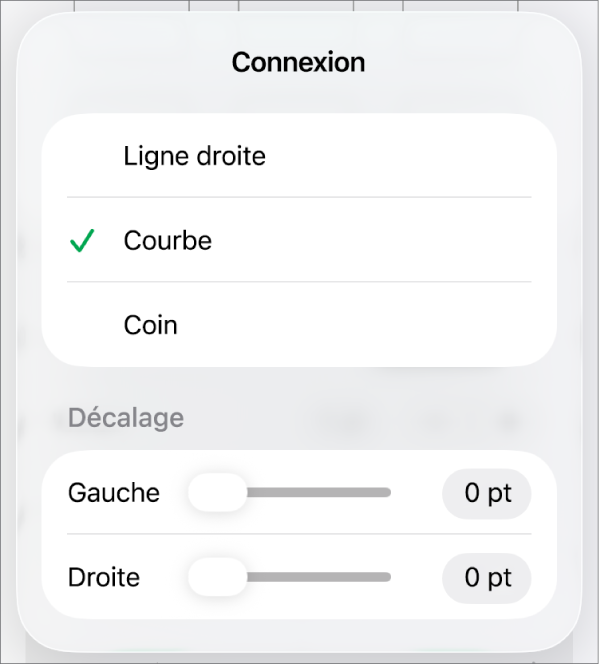 Les commandes Connexion avec l’option Courbe sélectionnée.