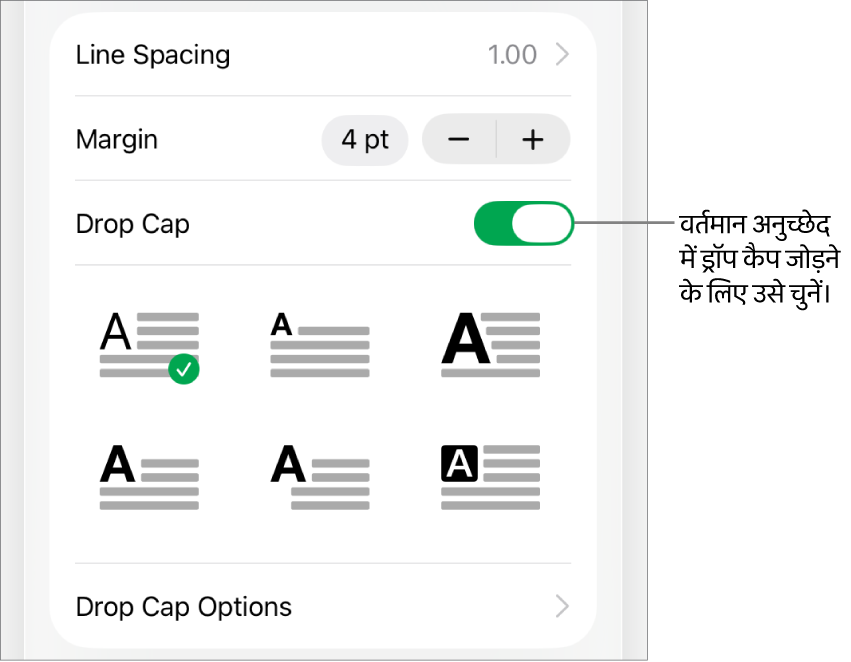 ड्रॉप कैप नियंत्रण टेक्स्ट मेनू के नीचे होते हैं।