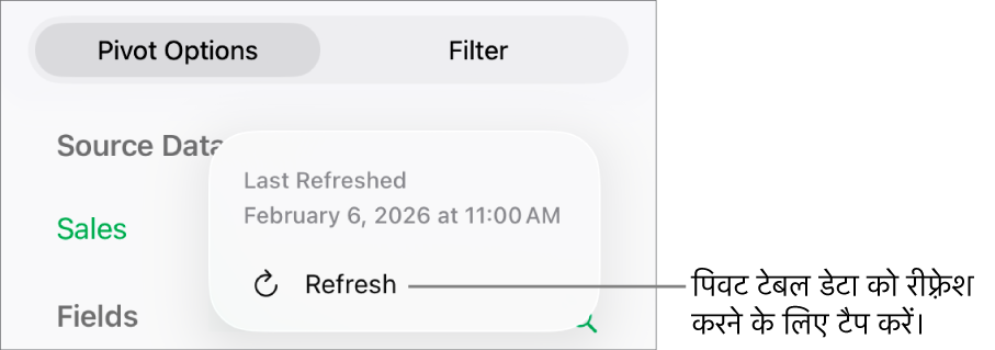 पिवट विकल्प मेनू जो पिवट टेबल को रीफ़्रेश करने के लिए विकल्प दिखाता है।