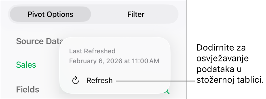 Izbornik Opcije zakretanja prikazuje opciju za osvježavanje zaokretne tablice.
