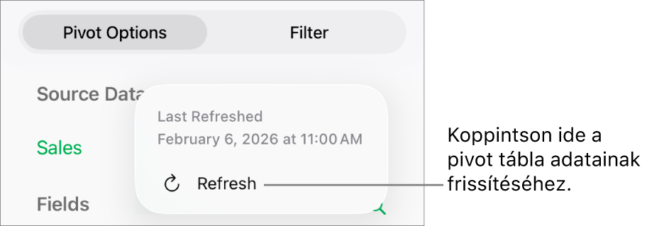 A Kimutatás beállítások menü a kimutatás frissítésének lehetőségével.