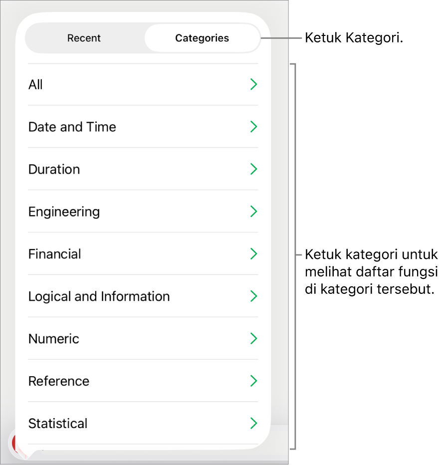 Browser Fungsi dengan tombol Kategori dipilih, dan daftar kategori di bawah.