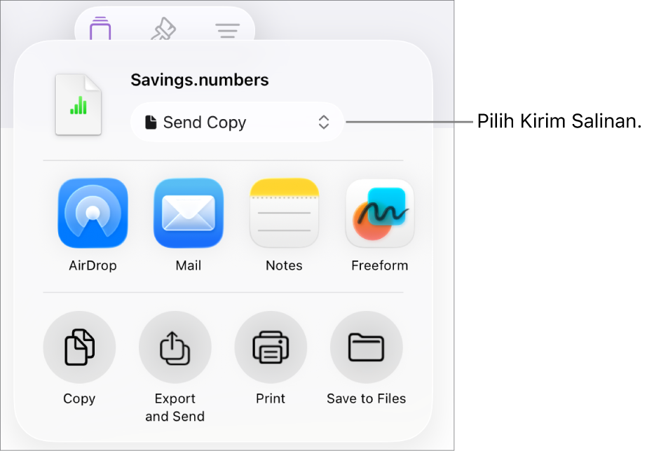 Menu Bagikan dengan Kirim Salinan dipilih di bagian atas.